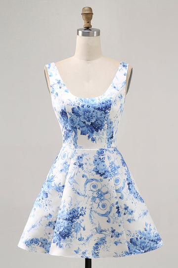Estampado Blanco Azul Flor A Line Vestido de Regreso a Casa